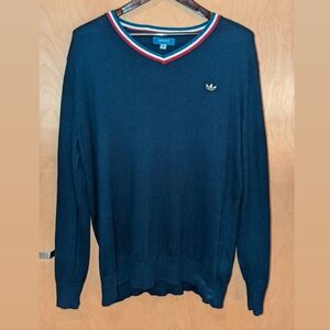Adidas Trefoil V-Neck Knit Sweater, Cotton/Cashmere, Size XXL, Long Sleeve, Navy
